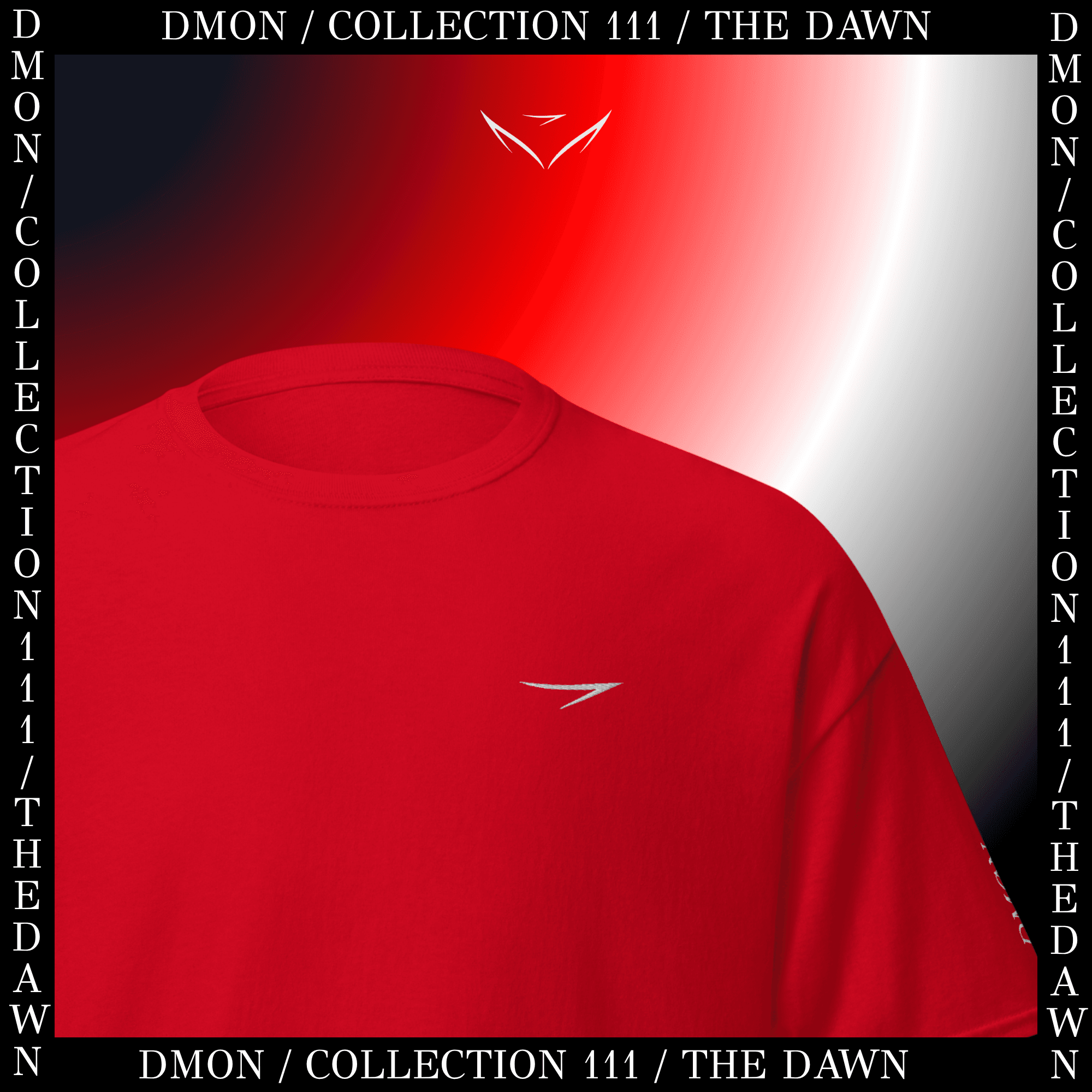 THE DAWN, t-shirt rouge porté de face.